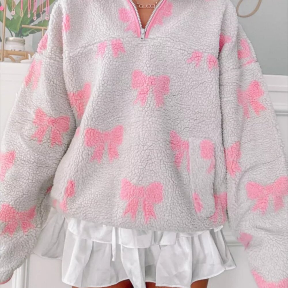 Bow Zip Collar Fleece Sweatshirt
